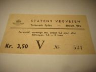 STATENS VEGVESEN BREVIK BRU pen billett fra 60 tallet