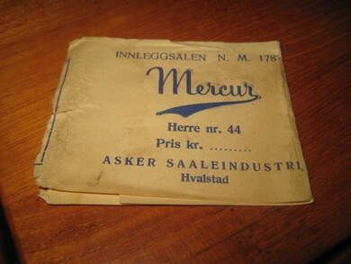 Papiromslag til Innleggssålen Mercur, fra ASKER SAALEINDUSTRI, Hvalstad, 60 tallet