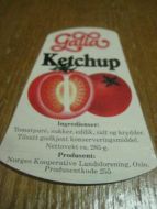 Pen etikett for GALLA KETCHUP, fra Norsk Kooperative Landsforrening, stor etikett, kvit