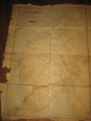 Stort og slitt POST KART over De fem sydlige Stifter AF norge Fra slutten på 1800 tallet ca 70*100 cm stort