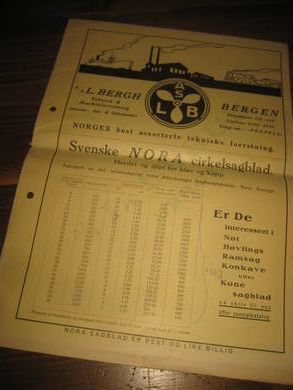 Prisliste fra L. BERGH, Strandgaten 118, Bergen. Tlf 0654- 0655. Jernvare, Rør- og  Skibshandel, bl.a. Svenske NORA  cirkelsagblad, hængelager etc. 40 tallet.