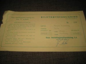 BILETRØYRFORSIKRING fra Voss Innstalasjonsforretning, 1964