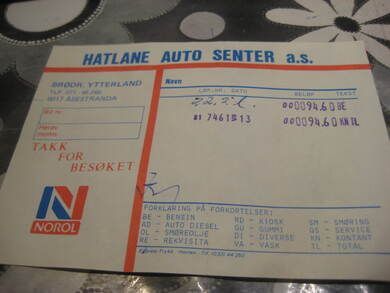 Kvitering fra HATLANE AUTO SENTER, BRØDRENE YTTERLAND, ÅSESTRANDA, 1961.