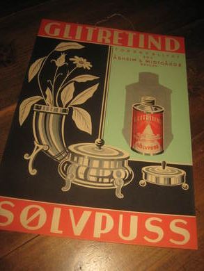 Ubrukt reklameplakat fra &Aring;sheim & Midtgaard Bergen 40 tallet ca 25*35 cm stor GLITETIND S&Oslash;LVPUSS