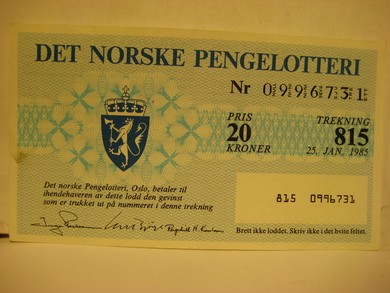 1985, trekning 815,                  DET NORSKE PENGELOTTERI.            Nr. 0996731.