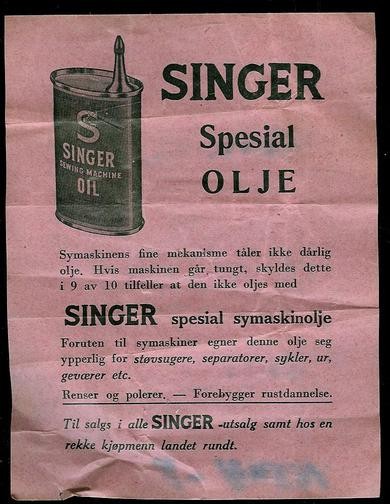 Reklamesak for SINGER SPESIAL OLJE