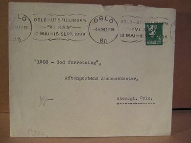 OSLO 4.5.38 med stempel: OSLO UTSTILLINGEN 