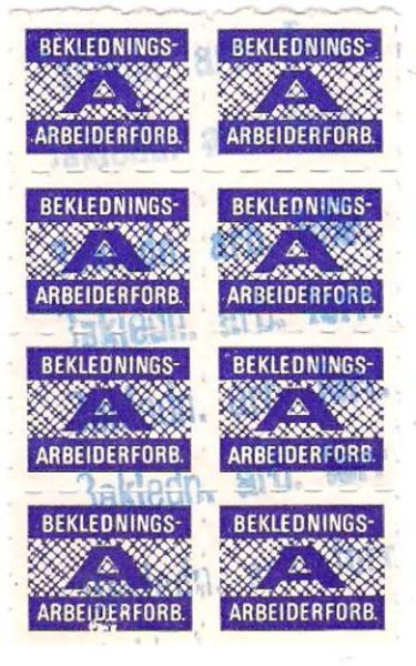 Meget pent fagforeningsmerke fra BEKLEDNINGS ARBEIDER FORBUNDET 8 blokk stempla