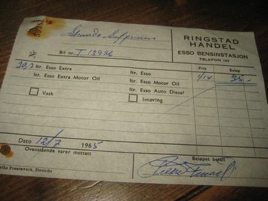 Kvitering fra RINGSTAD HANDEL ESSO BENSINSTASJON STRANDA 12 7-1965