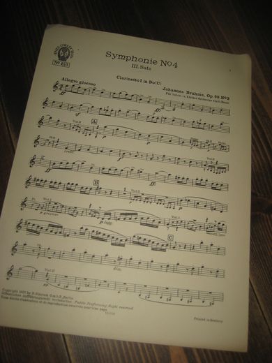 Johannes Brahms Op. 98, No 3. Symphonie nr 4, III. sats. Clarinetto I in Do (C ), 1927.