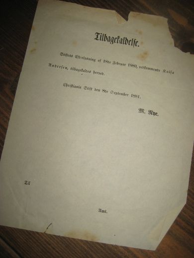 Tilbagekaldelse fra Christiania Stift september 1881