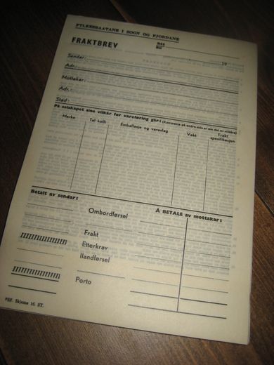 Blokk med ubrukte fraktbrev fra Fylkesbaatane i Sogn og Fjordane 60-70 tallet?