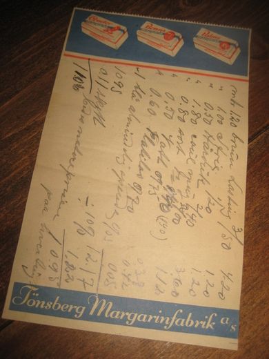 Reklameark fra Handleliste, fra Tønsberg Margarinfabrik, 30 tallet. 