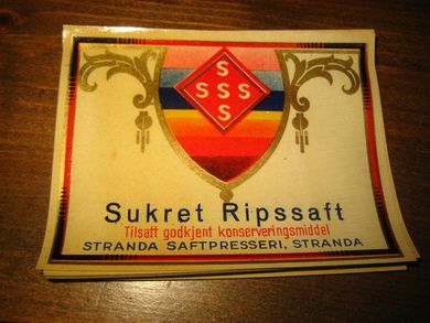Etikett SUKRET RIPSSAFT fra Stranda Saftpresseri 60-70 tallet Lag din egen saft og bruk en dekorati etikett