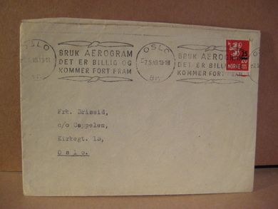 OSLO 7.5.49 med stempel: BRUK AEROGRAM. DET ER BILLIG OG KOMMER FORT FRAM.