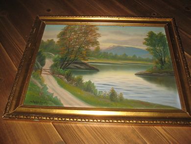 Bilde med gullramme, Hølleland, ca 59*45 cm stort. 50 tallet.