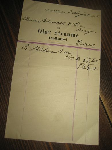 MODALEN 3 AUGUST 1905 Fra Olav Straume Landhandleri