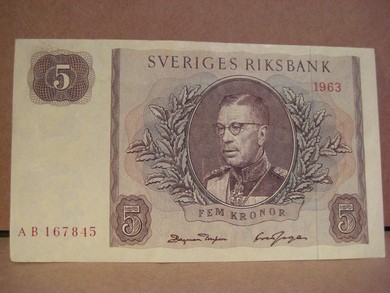 1963, 5 KRONOR, AB 167845, meget pen seddel