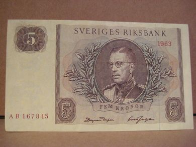 1963 5 KRONOR AB 167845 meget pen seddel