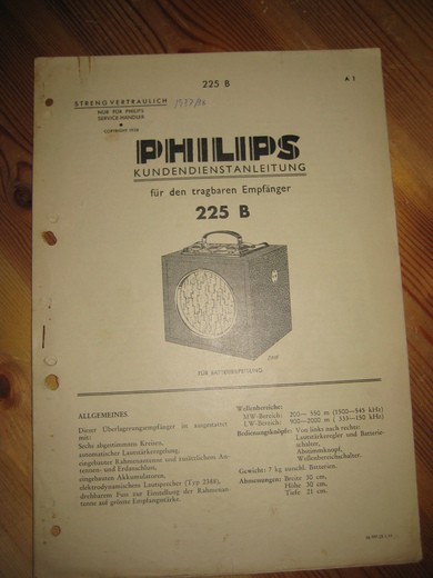 Phillips sercice dokumentasjon for 225B. 1938.