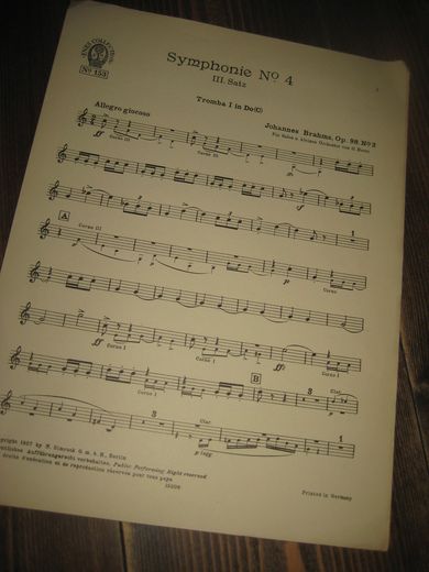 Johannes Brahms Op. 98, No 3. Symphonie nr 4, III. sats. Tromba I in Do (C ), 1927.