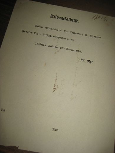 Tilbagekaldelse fra Christiania Stift 1881