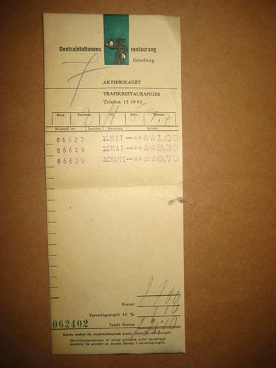 Kvitering fra Centralstationens restaurang Gøteborg 1958