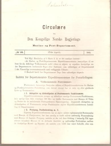 1885,nr 010, Cirkulære fra Den Kongelige Norske Regjerings Marine- og Post- Departement.