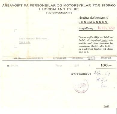 ÅRSAVGIFT PÅ PERSONBILER OG MOTORSYKLER FOR 1959/60 I HORDALAND FYLKE