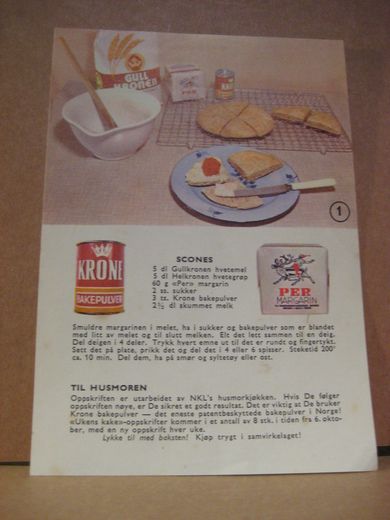 SCONES, REKLAMESAK for KRONE KAFFE og PER MARGARIN, 60 tallet.