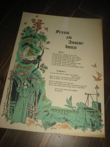  Plakat til innramming: Frans av Assisi's bønn. Tegna av Gunnar Bretlie. 60 tallet. Ca 24*33 cm stor.