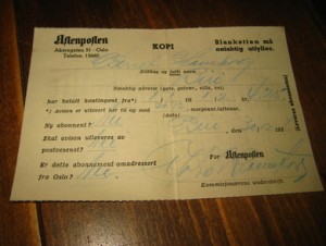 Kvitering fra Aftenposten på betalt kontingent, 1.1. - 1.2. 1937.