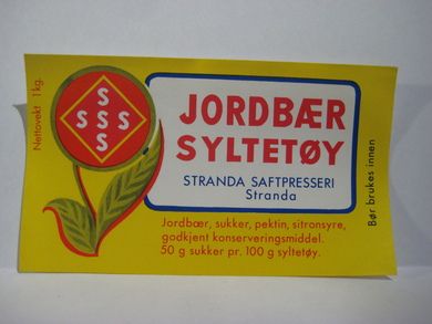 Etikett fra Standa Saftpresseri fra 60 tallet JORDBÆR SYLTETØY