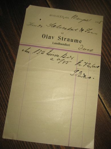 MODALEN 10 AUGUST 1905 Fra Olav Straume Landhandleri