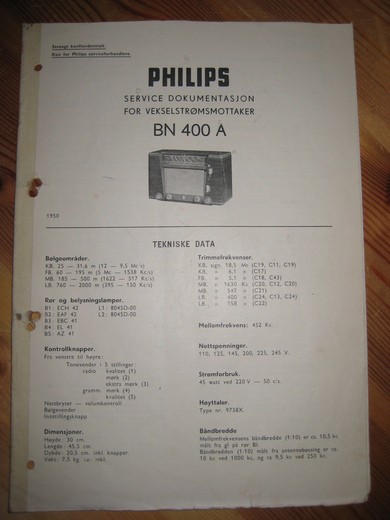 Phillips sercice dokumentasjon for BN400A. 1950.