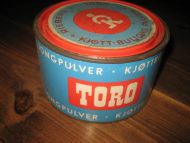 Pen boks TORO KJØTTBULJONGPULVER ca 16 cm i diameter 9 cm høg 50-60 tallet
