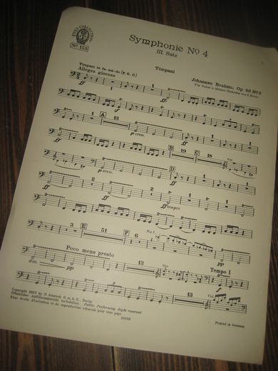 Johannes Brahms Op. 98, No 3. Symphonie nr 4, III. sats. Timpani, 1927.