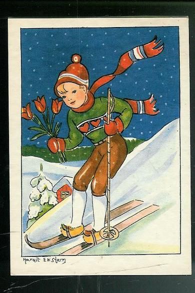 På ski, jule- / nyttårskort tegna av Margit Ekstam.