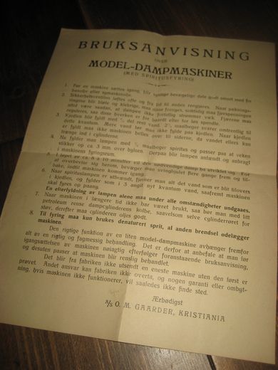 BRUKSANVISNING OVER MODEL- DAMPMASKINER. (Med spiritusfyring). Fra O.M.Gaarder, Kristiania. 