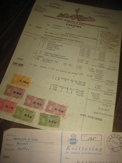 Minde SJOKOLADE - KAKAO & KONFEKTFABRIKK 16 5 1955 med kr 187 70 i stempelmerker
