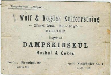 Reklamesak fra Wulf & Rogdes Kullforretning, Bergen