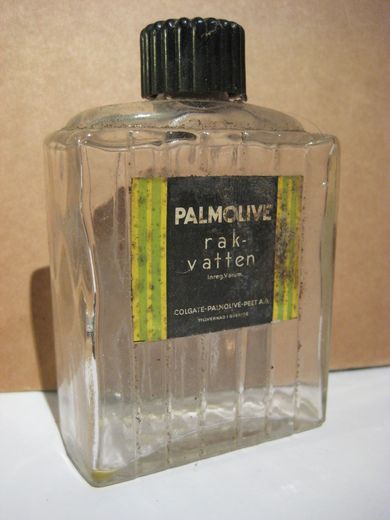 Flaske uten innhold, PALMOLIVE rak vattn. Fra COLGATE-PALMOLIVE. 50 tallet.