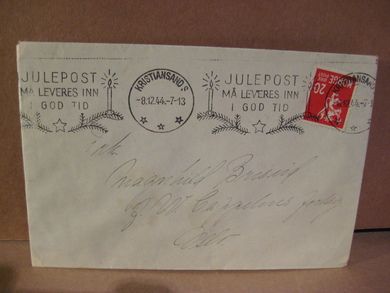 KRISTIANSAND 8 12 44 Med tekst: JULEPOST MÅ LEVERES INN I GOD TID