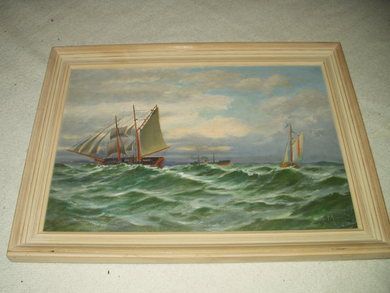 Bilde med maritimt preg mala på plate