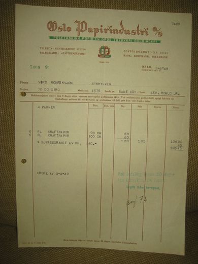OSLO PAPIRINDUSTRI OSLO 9 5 1949