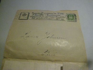 Konvolutt med innhold stempla LILLEHAMMER 27 IV 36 Fra Hans Fougner's Eftf Bokhandel papirforr Lillehammer