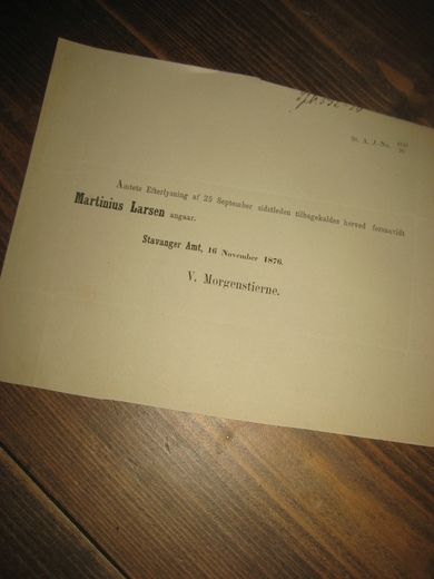 Tilbagekaldelse fra Stavanger Amt 1876