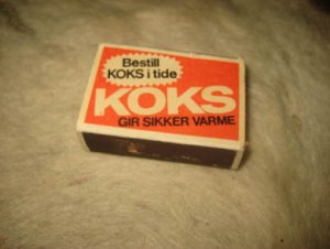 Fyrstikkeske med reklaame for KOKS, 60 tallet.