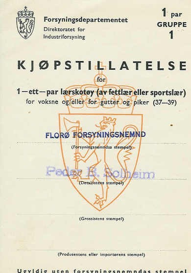 KJØPETILLATELSE fra 1944. Forsyningsnemnda i Florø / Peder B. Solheim