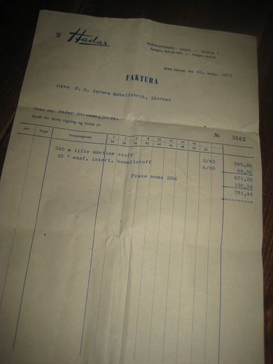 Faktura fra Hadar Hareid 10 aug 1971